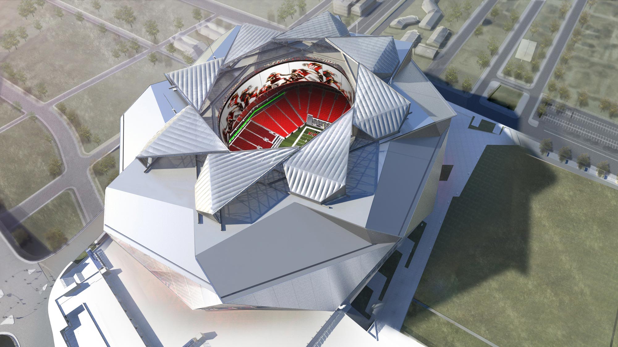 An aerial view showing the roof retracted, showcasing the dramatic video boards