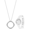 Swarovski Shine Vio Set. Set composed of Swarovski Shine activity tracker in clear crystal, "Vio" pendant with one side in clear crystal pave and the other one in black crystal pave, and a white silicone sport band. (PRNewsFoto/Swarovski)